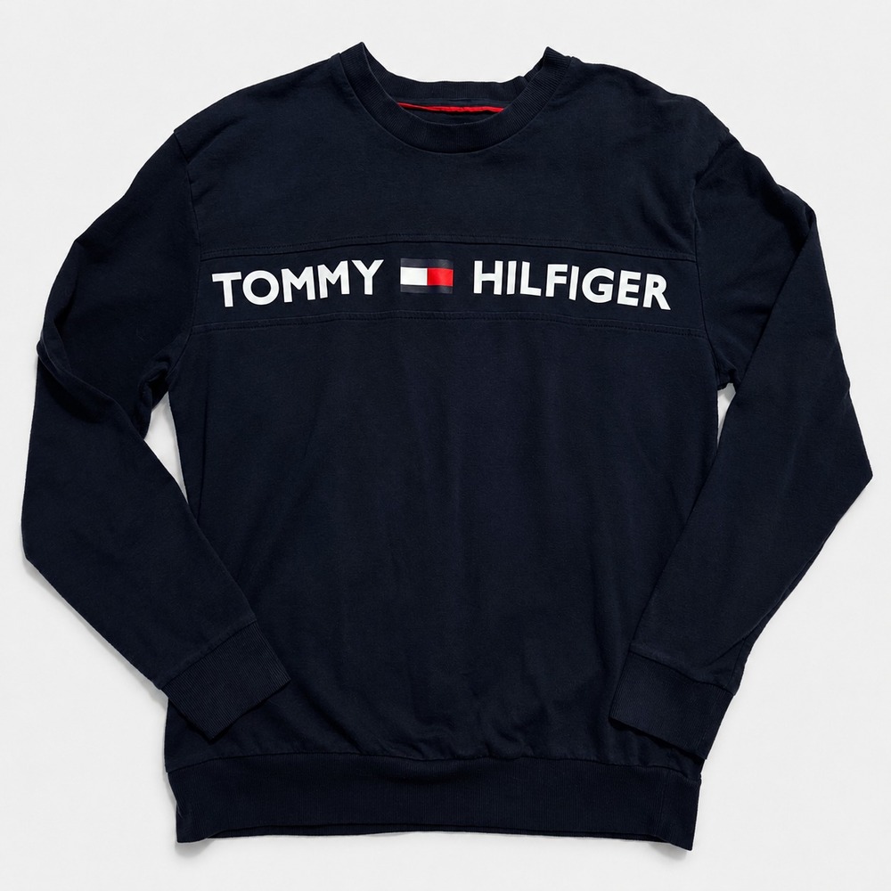 Tommy Hilfiger Mens Medium Navy Logo Crewneck Sweatshirt Long Sleeve Cotton